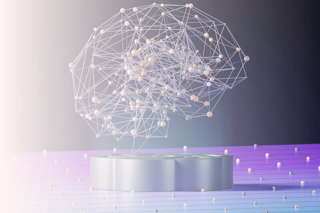 Représentation 3D d'un réseau neuronal symbolisant l'intelligence artificielle