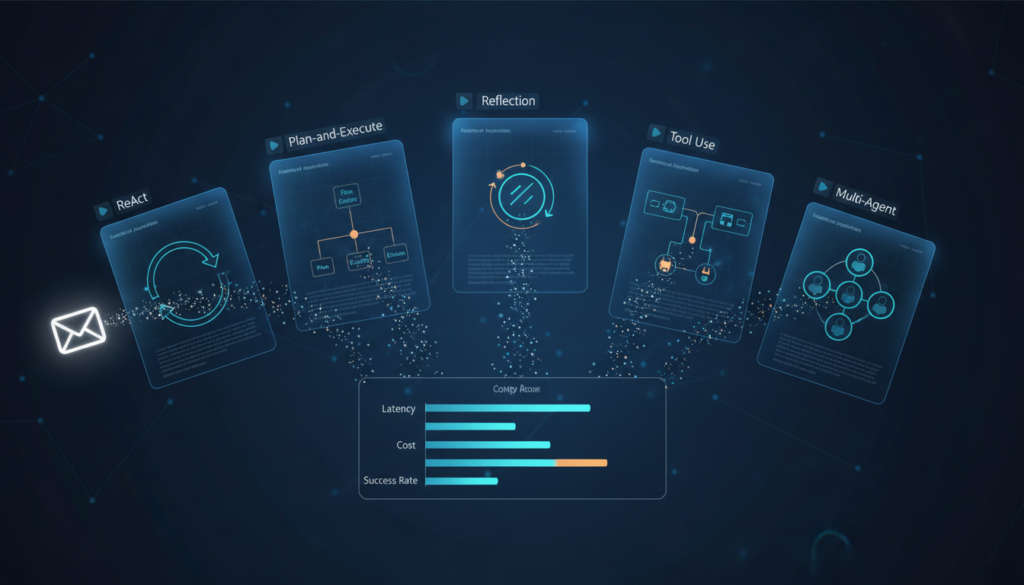 5 patterns d&rsquo;agents IA expliqués sur le même use case (scoring d&rsquo;un lead B2B) : coût, taux de réussite, et celui qu&rsquo;on choisit en prod